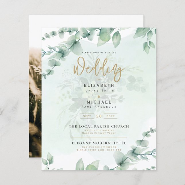 Budget Botanical Eucalyptus Wedding INVITE (Front/Back)