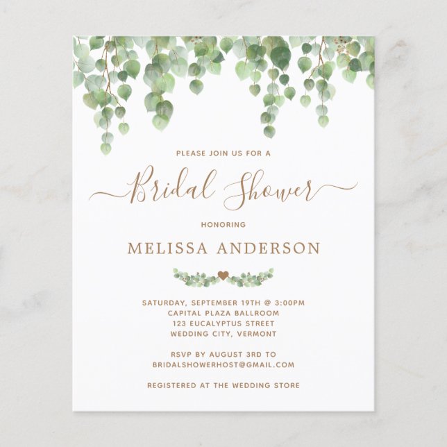 Budget Botanical Greenery Bridal Shower Invitation (Front)