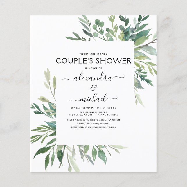 Budget Botanical Greenery Foliage Couple's Shower Flyer (Front)