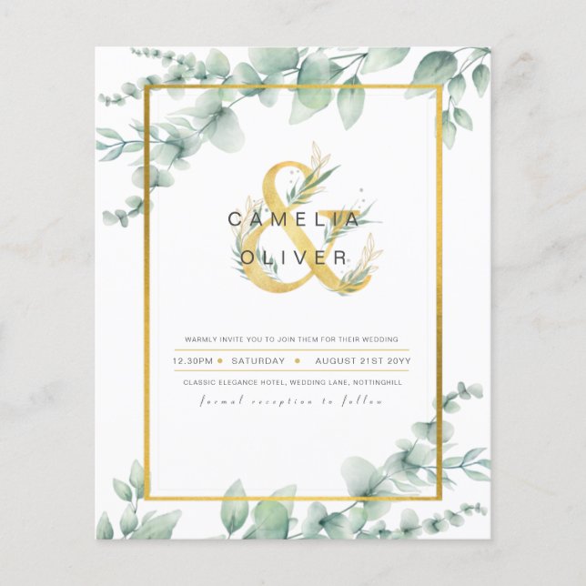 Budget Botanical Greenery Gold Wedding Invitations (Front)