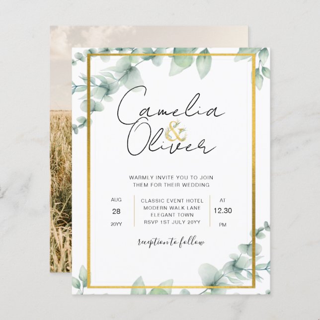 Budget Botanical Greenery Gold Wedding Invitations (Front/Back)