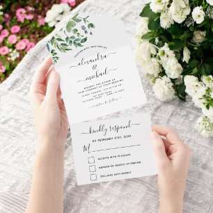 Budget Botanical Greenery Wedding RSVP All In One Invitation