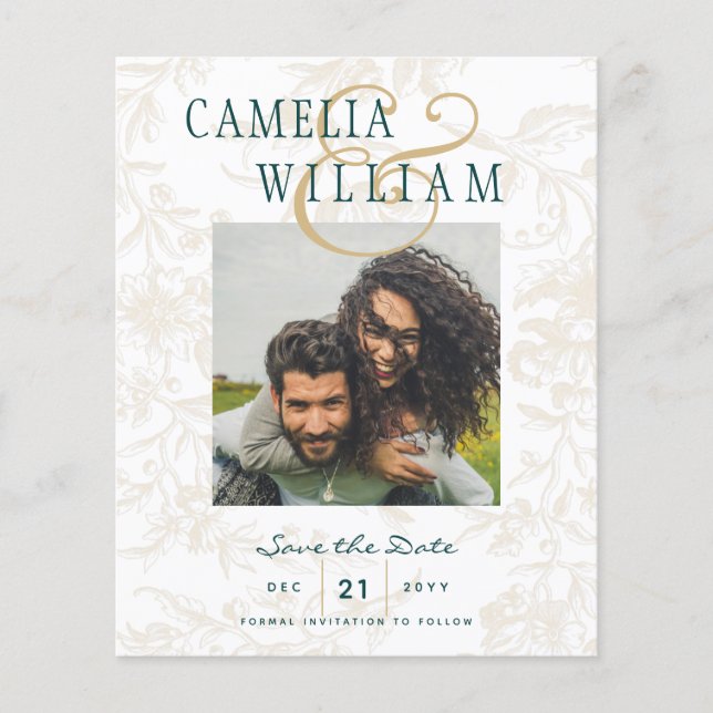 BUDGET BOTANICAL TEAL GOLD Wedding Save the Date (Front)