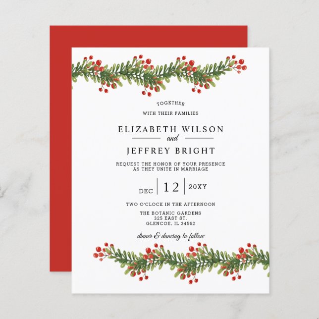 Budget Bough of Holly Christmas Wedding Invitation (Front/Back)