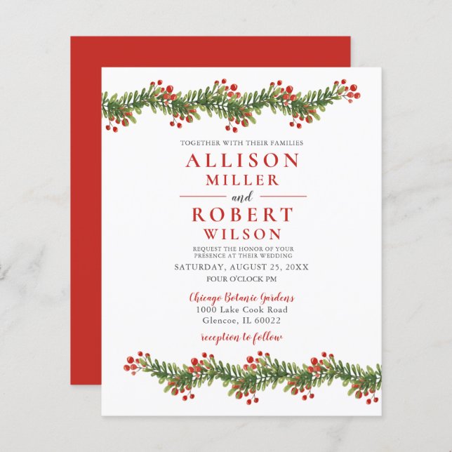 Budget Boughs of Holly Wedding Invitation (Front/Back)