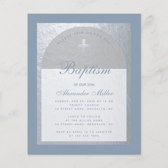 Budget Boy Baptism Dusty Blue Silver Invitation (Front)
