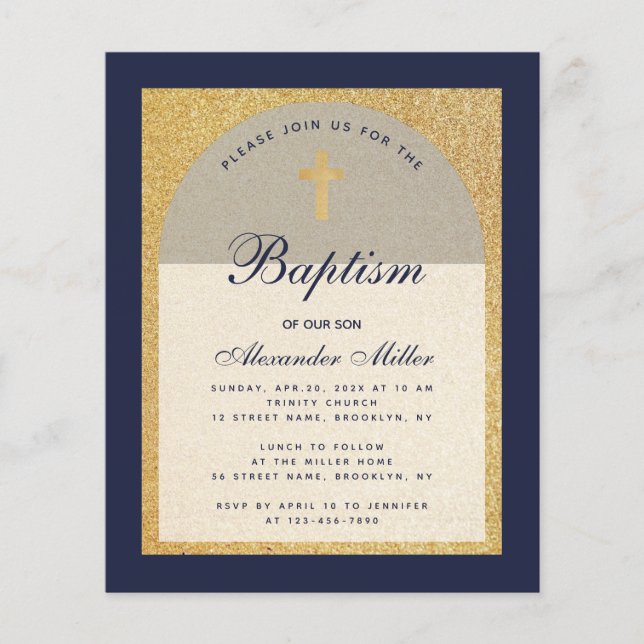 Budget Boy Baptism Navy Blue Gold Invitation (Front)