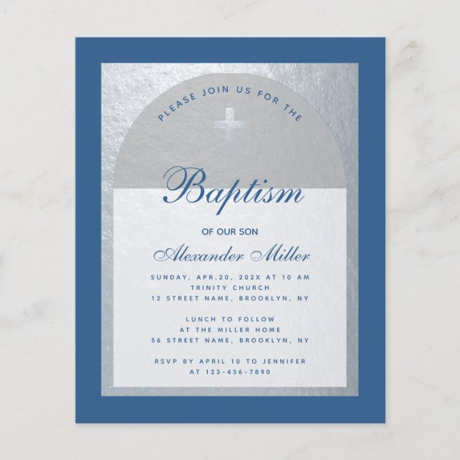 Budget Boy Baptism Silver Classic Blue Invitation (Front)