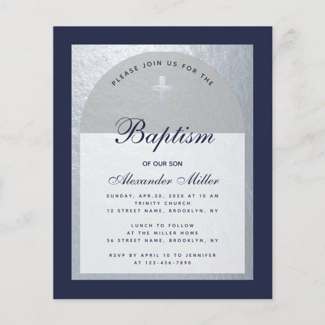 Budget Boy Baptism Silver Navy Blue Invitation (Front)
