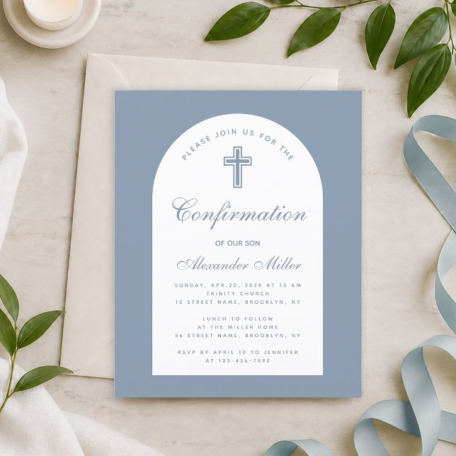 Budget Boy Dusty Blue Arch Confirmation Invitation (Creator Uploaded)