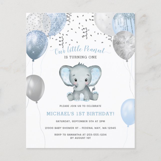 Budget Boy Elephant Balloons 1st Birthday Invite (Front)