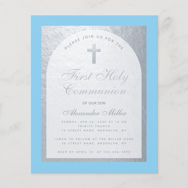 Budget Boy First Communion Silver Grey Blue Invite (Front)