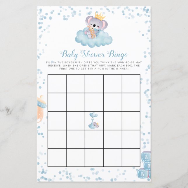 Budget Boy Koala Bear Blue Baby Shower Bingo Card (Front)