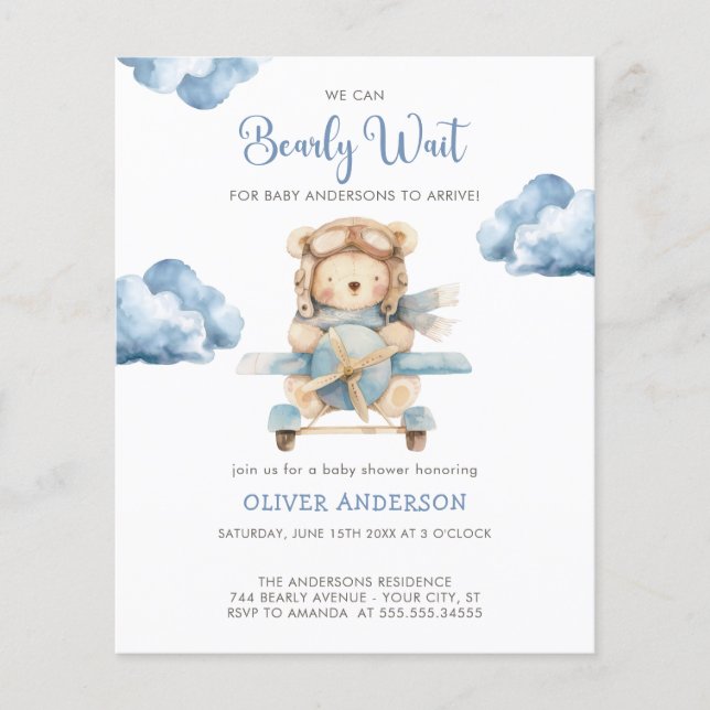 Budget BoyTeddy Bear Baby Shower invitation (Front)