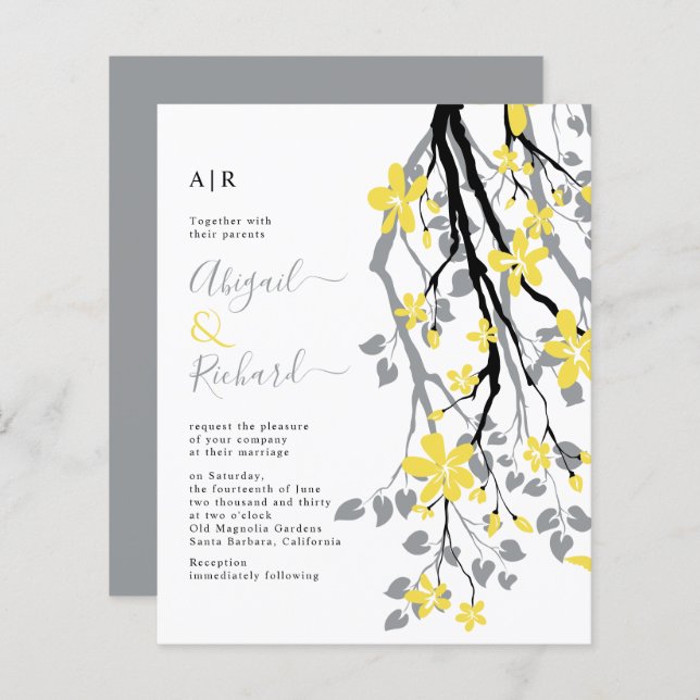 BUDGET Branch, flowers QR code wedding invitation (Front/Back)