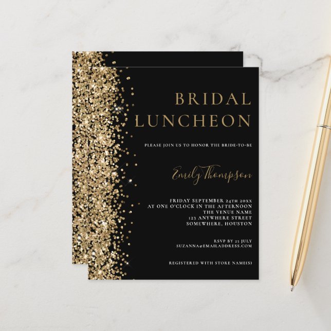 Budget Bridal Luncheon Gold Glitter Black Invite (Front/Back In Situ)