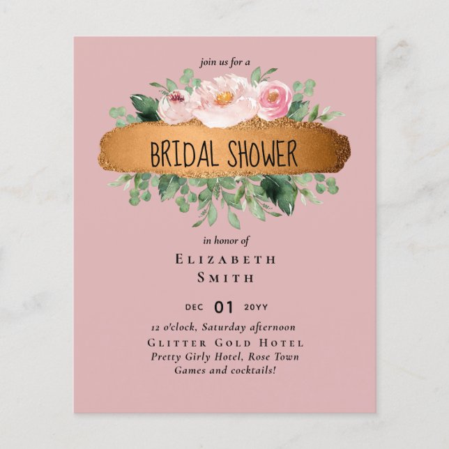 Budget Bridal Shower Blush Pink Floral Gold Modern Flyer (Front)