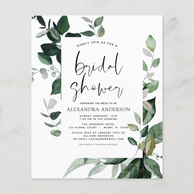 Budget Bridal Shower Botanical Greenery Invitation Flyer (Front)