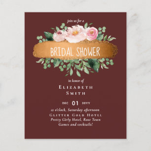 Budget Bridal Shower Burgundy Floral Gold Modern Flyer
