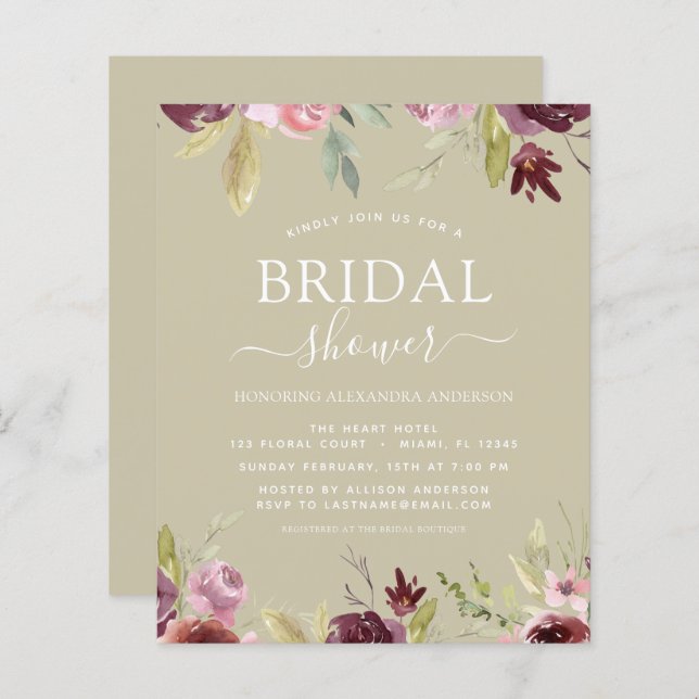 Budget Bridal Shower Burgundy Sage Green (Front/Back)