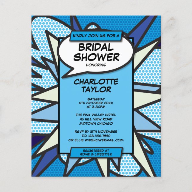 Budget Bridal Shower Comic Book Blue Invitation (Front)