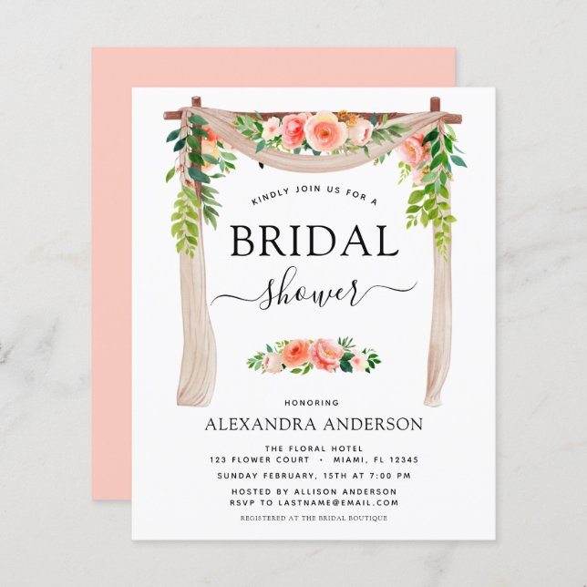 Budget Bridal Shower Coral Peach Floral Invitation (Front/Back)
