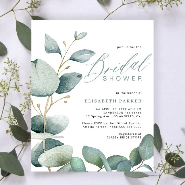 Budget bridal shower eucalyptus elegant invitation (Creator Uploaded)