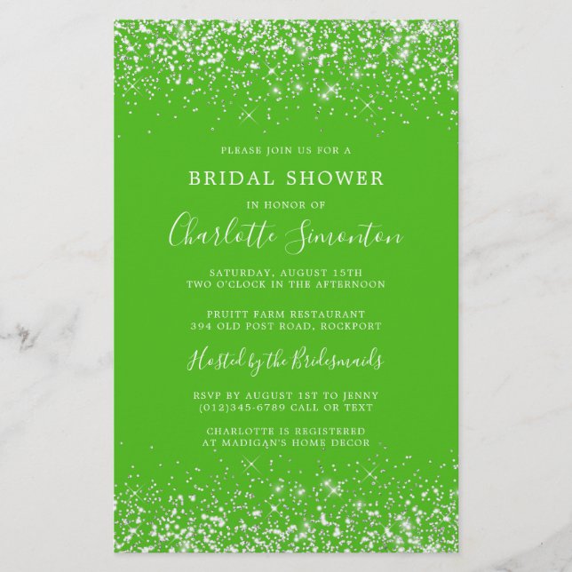 Budget Bridal Shower Glitter Silver Green Invite (Front)