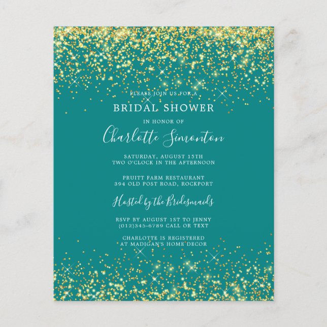 Budget Bridal Shower Glitter Teal Gold Invitation (Front)