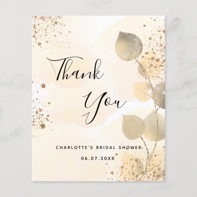 Budget Bridal Shower golden eucalyptus thank you (Front)