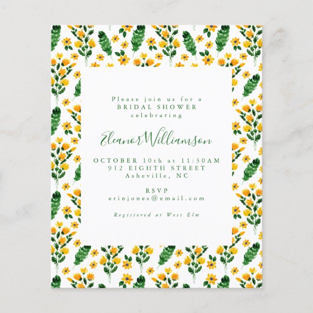 Budget Bridal Shower Invitation - Yellow Floral (Front)