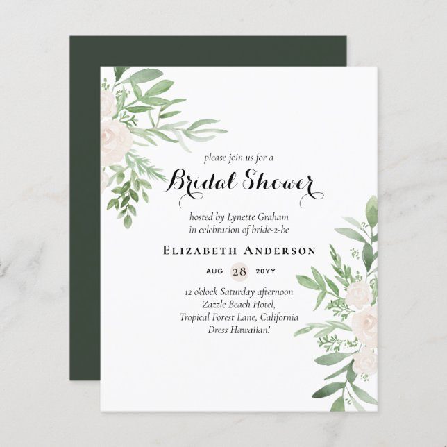 BUDGET Bridal Shower Invitations Floral Leaves (Front/Back)