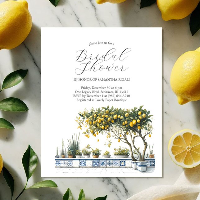 Budget Bridal Shower Invitations Watercolor Citrus Flyer (Budget bridal shower invitations watercolor lemon tree on a blue tile terrace DoTellABelle)