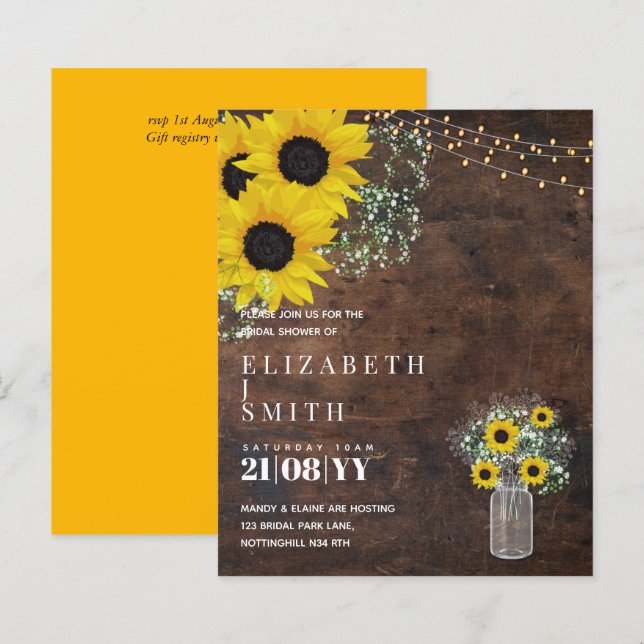 BUDGET Bridal Shower Invite Rustic Sunflowers (Front/Back)