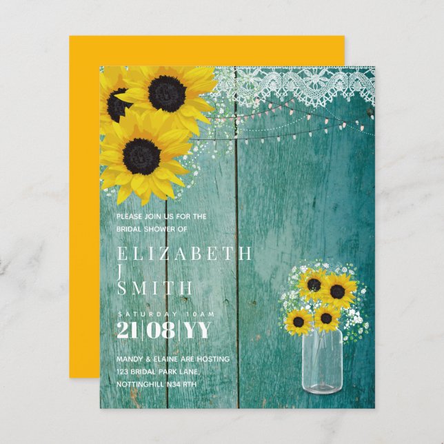 BUDGET Bridal Shower Invite Rustic Sunflowers (Front/Back)