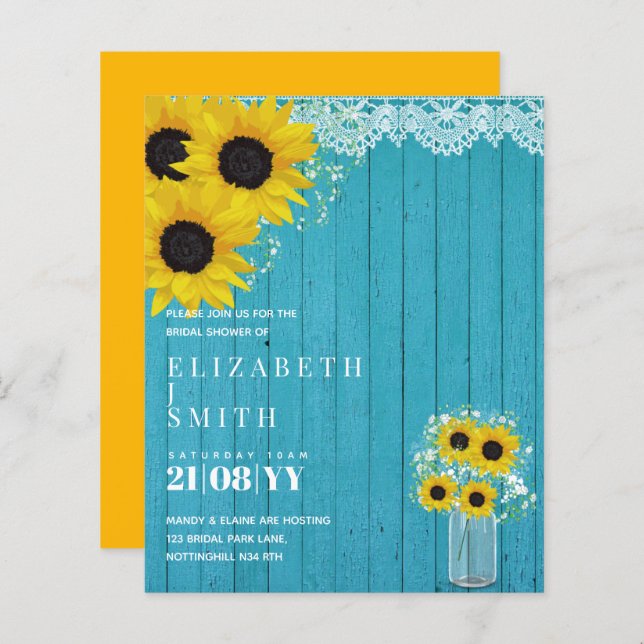 BUDGET Bridal Shower Invite Rustic Sunflowers (Front/Back)