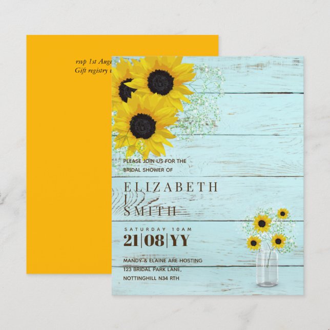 BUDGET Bridal Shower Invite Rustic Sunflowers (Front/Back)