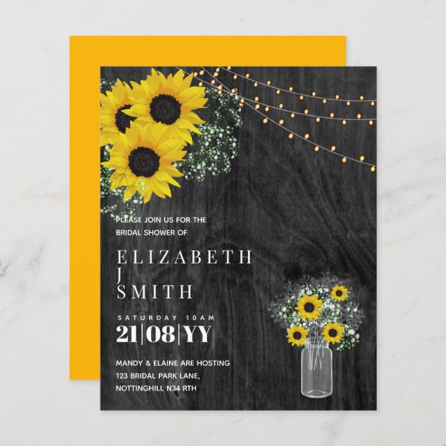 BUDGET Bridal Shower Invite Rustic Sunflowers (Front/Back)