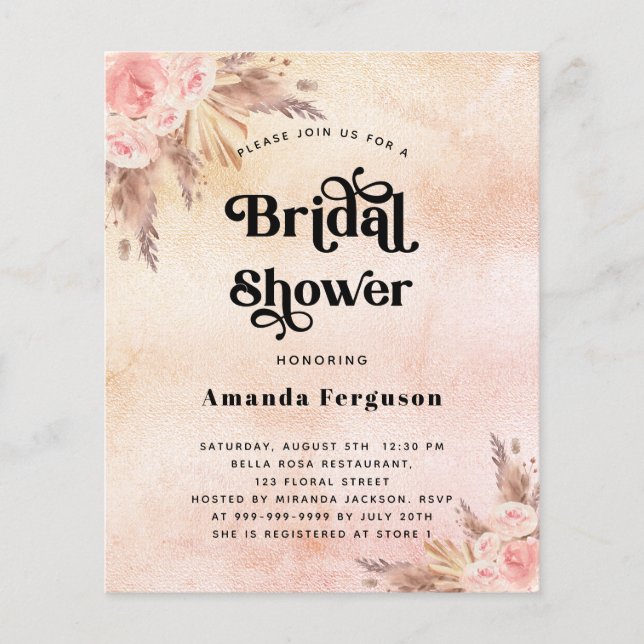 Budget Bridal Shower pampas grass blush invitation (Front)