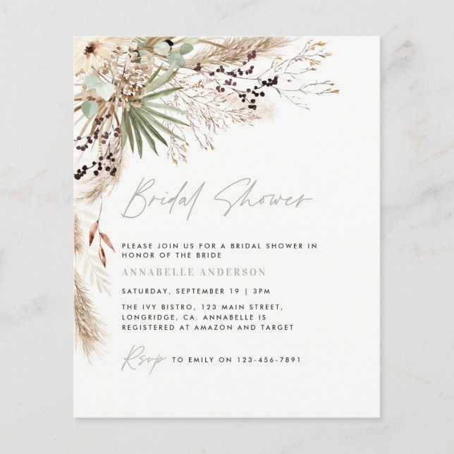 budget Bridal shower pampas grass boho invitation (Front)