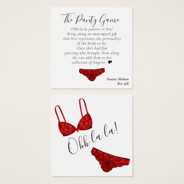 BUDGET Bridal Shower Red Lingerie Panty Game Card (Front & Back)