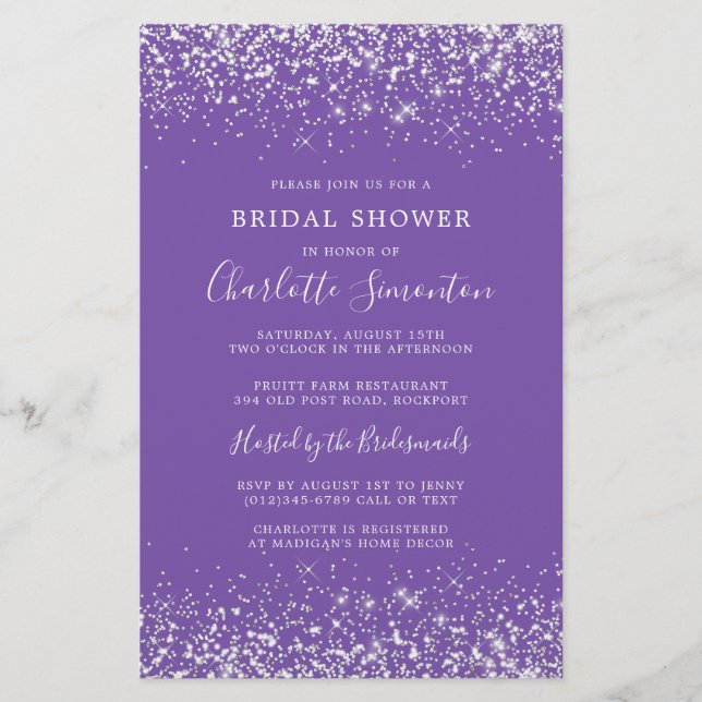 Budget Bridal Shower Silver Purple Invitation (Front)