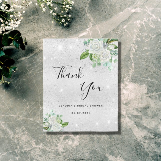 Budget Bridal Shower silver white floral Thank You (Creator Uploaded)