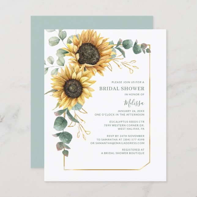 Budget Bridal Shower Sunflower Eucalyptus Invite (Front/Back)