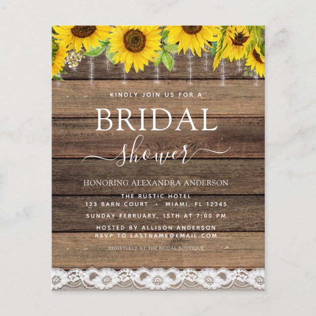 Budget Bridal Shower Sunflower Rustic Invitation Flyer (Front)