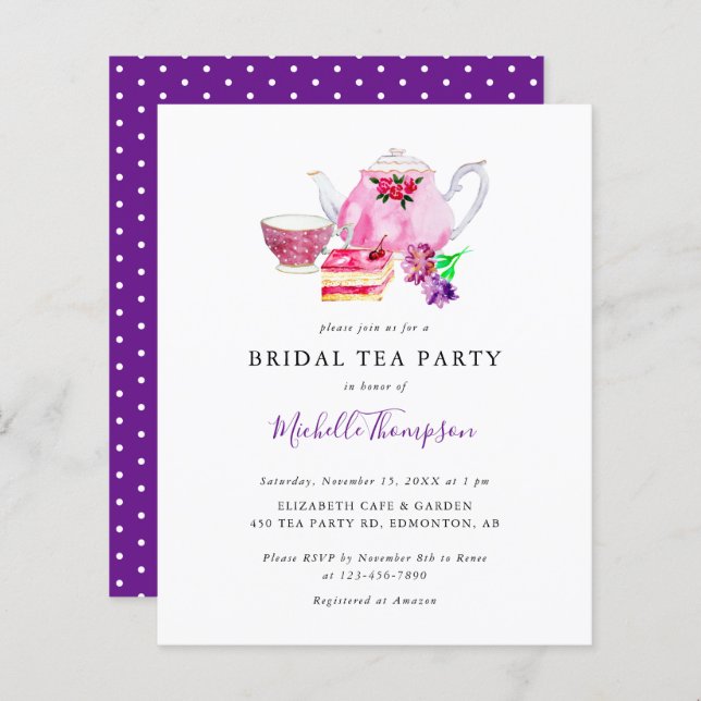 Budget Bridal Shower Tea Party Purple Script (Front/Back)