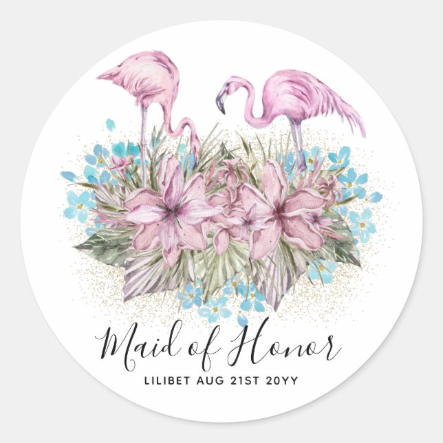 BUDGET Bridesmaid Bridal Party Gifts FLAMINGOS Classic Round Sticker (Front)