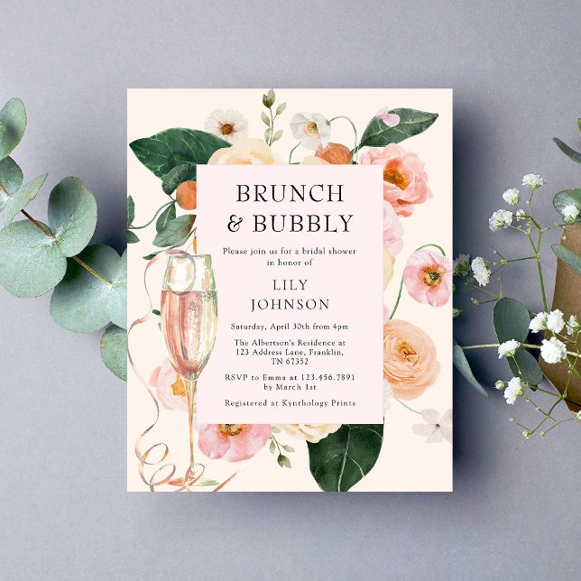 Budget Brunch & Bubbly Blush Floral Bridal Shower Flyer (Creator Uploaded)
