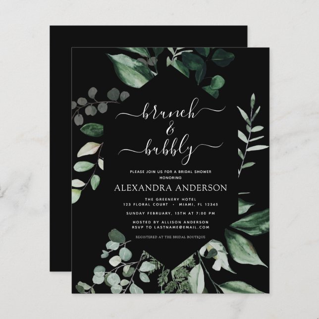 Budget Brunch & Bubbly Bridal Shower Black Green (Front/Back)