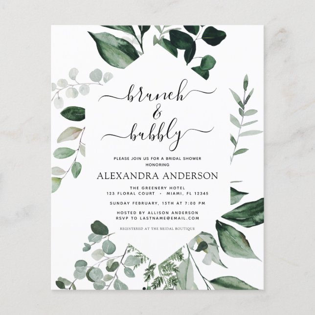 Budget Brunch & Bubbly Bridal Shower Greenery Flyer (Front)